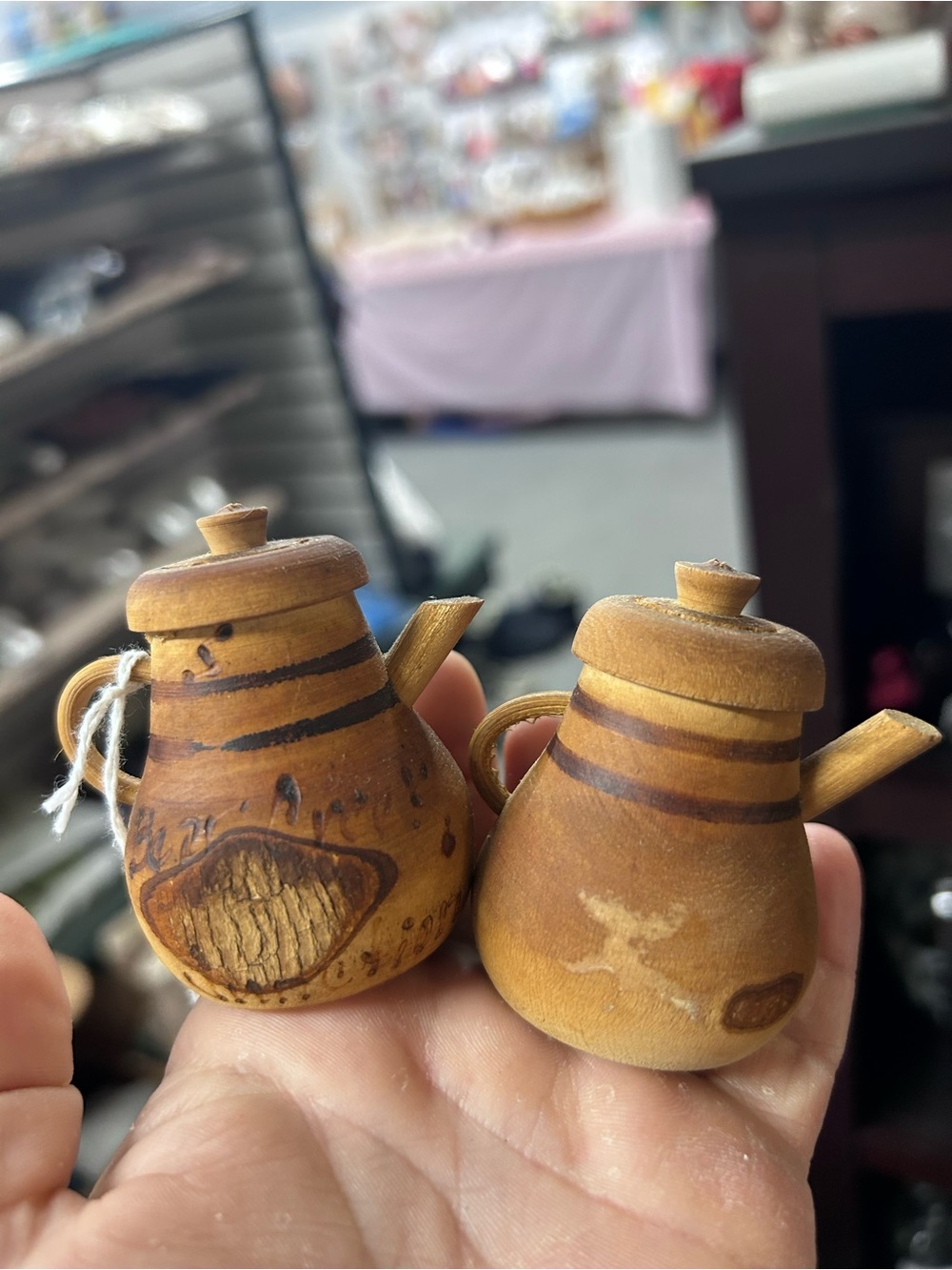 Handcrafted Wooden Mini Teapot salt and pepper shakers - Natural Brown